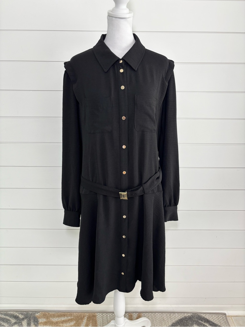Karl Lagerfeld Black Long-Sleeve Button-Front Shirt Dress Size 14